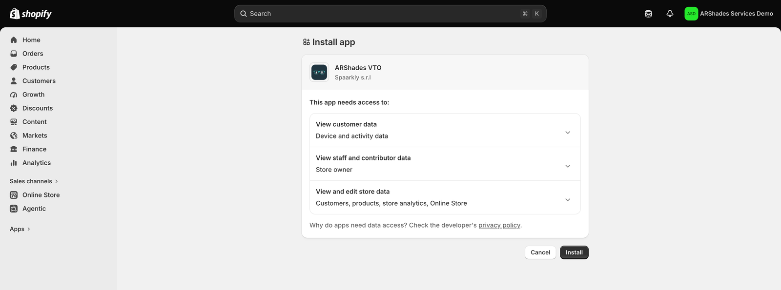 Schermata dei permessi Shopify per ARShades VTO