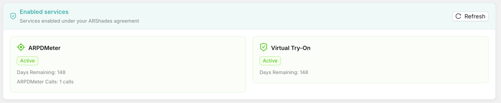 Pagina License - Enabled services, con ARPDMeter e Virtual Try-On